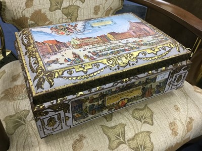 Lot 176 - A GERMAN TIN CASKET CONTAINING A HORN, MEASURES, VASE AND OTHER ITEMS