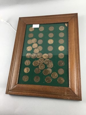 Lot 186 - A COLLECTION OF VICTORIAN AND LATER PENNIES AND A FRAMED GROUP OF CARICATURES
