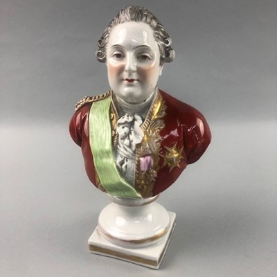 Lot 177 - A 19TH CENTURY CONTINENTAL CERAMIC BUST OF A MAN IN MILITARY DRESS