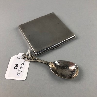 Lot 192 - A SILVER ENGINE TURNED CIGARETTE CASE AND A CADDY SPOON