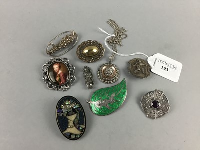 Lot 193 - A SIAM SILVER AND GREEN ENAMEL LEAF BROOCH AND OTHER JEWELLERY