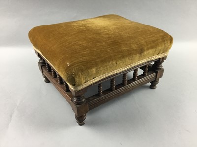Lot 199 - AN EARLY 20TH CENTURY RECTANGULAR FOOTSTOOL, A WHISKY CRATE AND A CASE