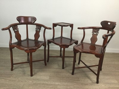 Lot 125A - A PAIR OF CHINESE HARDWOOD CORNER CHAIRS AND A TWO TIER TABLE