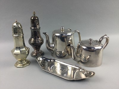 Lot 207 - A LOT OF SILVER PLATE INCLUDING SUGAR CASTERS, MUSTARD POT AND SNUFFER SCISSORS