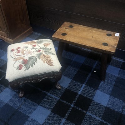 Lot 231 - A MILKING STOOL AND A FOOTSTOOL