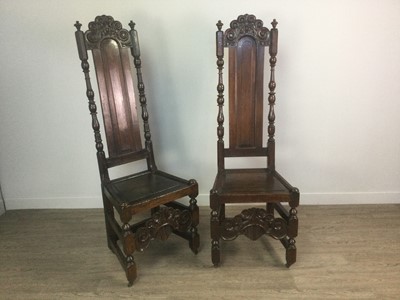 Lot 1403 - A PAIR OF OAK HIGH BACK HALL CHAIRS IN THE MANNER OF DANIEL MAROT