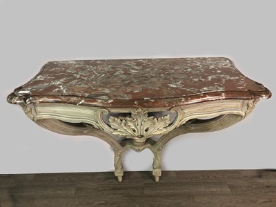 Lot 1423 - A FRENCH GREY PAINTED CONSOLE TABLE OF LOUIS XV DESIGN