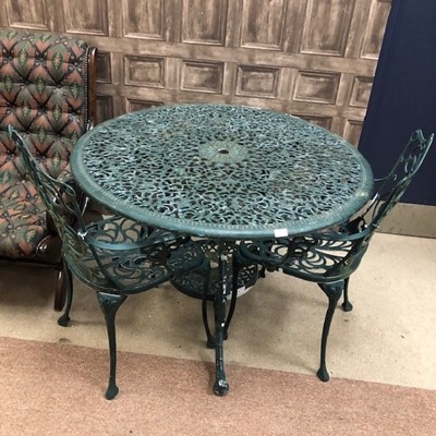 Lot 292 - A PAINTED CAST METAL GARDEN TABLE AND TWO CHAIRS