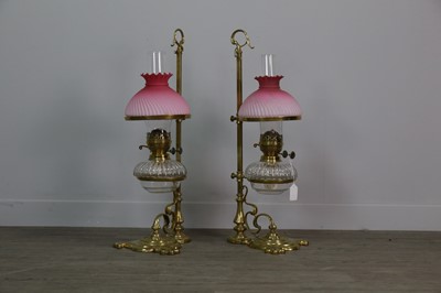 Lot 1431 - AN ATTRACTIVE PAIR OF ARTS & CRAFTS BRASS OIL LAMPS