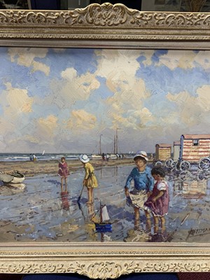 Lot 556 - BEACH, CHILDREN AT PLAY, AN OIL BY WILLIAM HEYTMAN
