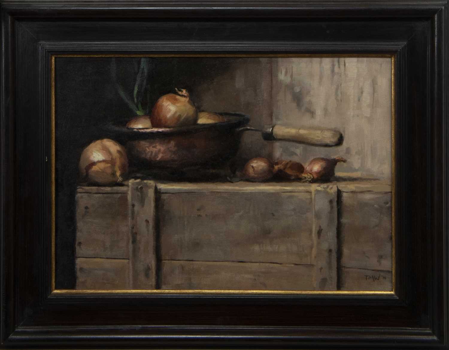 Lot 576 - STILL LIFE WITH ONIONS, AN OIL BY TMW