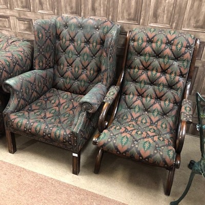 Lot 299 - AN UPHOLSTERED CHESTERFIELD SETTEE, WING BACK ARMCHAIR, ARMCHAIR AND STOOL