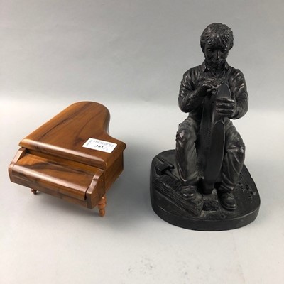 Lot 393 - AN OLIVE WOOD JEWELLERY BOX AND A BORNZED RESIN FIGURE