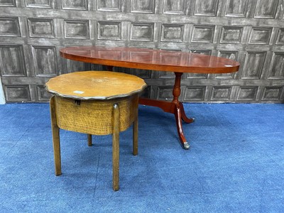 Lot 409 - AN OAK NEEDLEWORK BOX AND A MAHOGANY OVAL OCCASIONAL TABLE