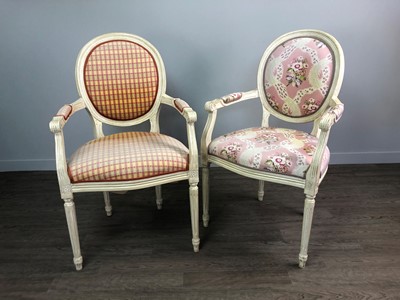 Lot 1437 - A PAIR OF WHITE PAINTED ELBOW CHAIRS