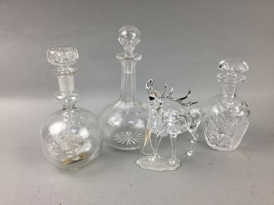Lot 440 - A LOT OF CRYSTAL AND GLASS INCLUDING DECANTERS AND A MODEL OF A STAG