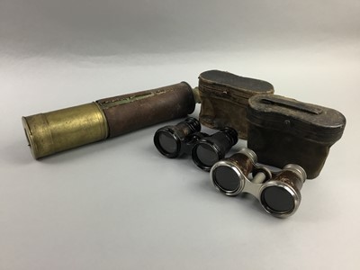Lot 360 - A VICTORIAN THREE DRAW BRASS TELESCOPE, OPERA GLASSES, LIGHTERS AND OTHER OBJECTS