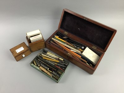 Lot 362 - A LOT OF VARIOUS PENS AND PENCILS IN AN OLIVE WOOD BOX
