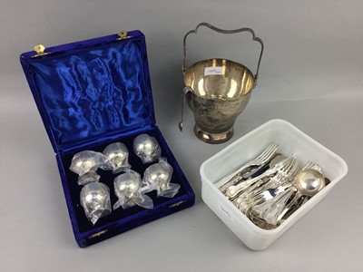 Lot 449 - A LOT OF SILVER PLATED FLATWARE, ICE BUCKET AND TONGS AND OTHER SILVER PLATE ITEMS