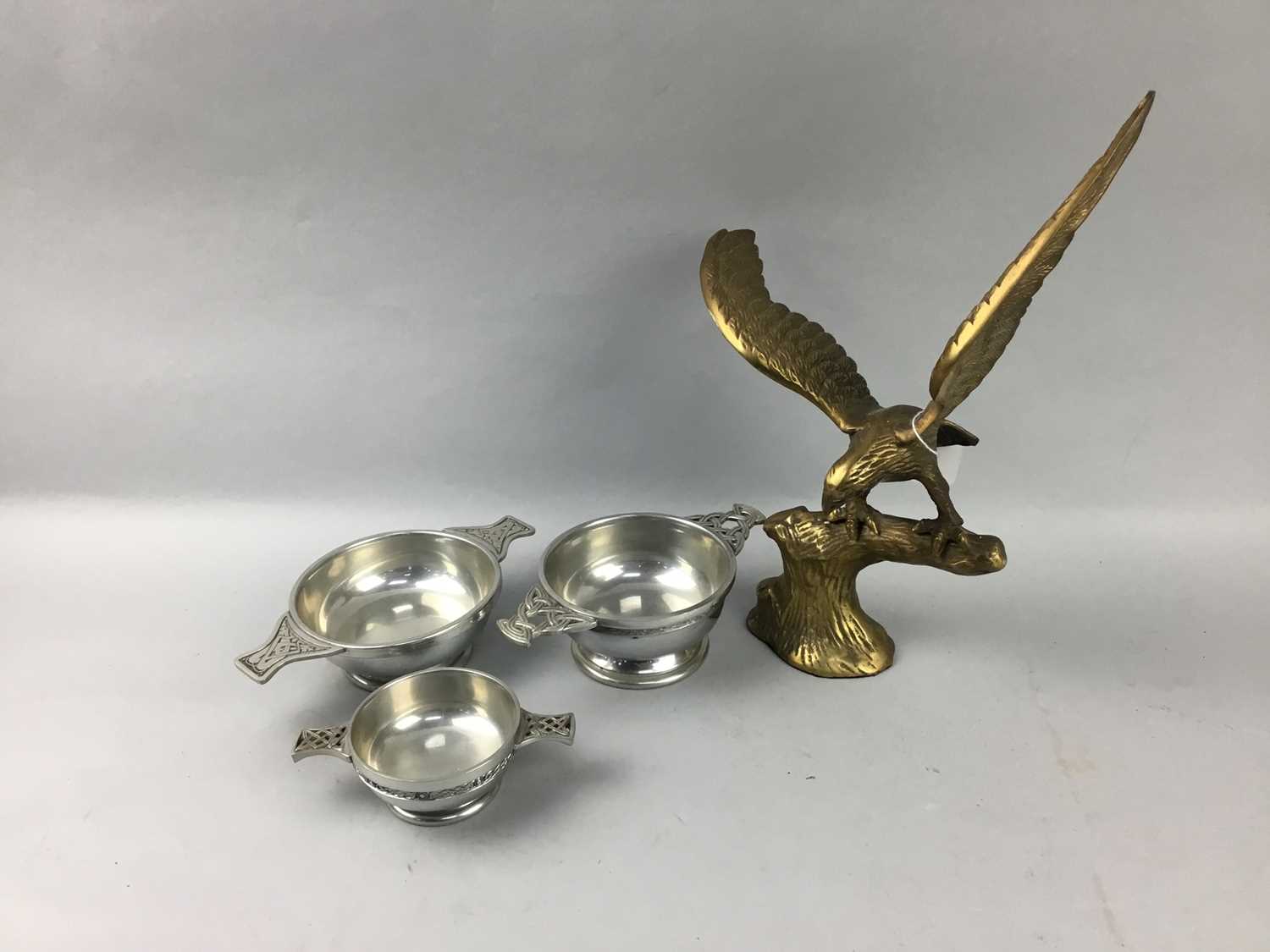 Lot 48 - A LOT OF THREE PEWTER QUAICHS AND OTHER ITEMS