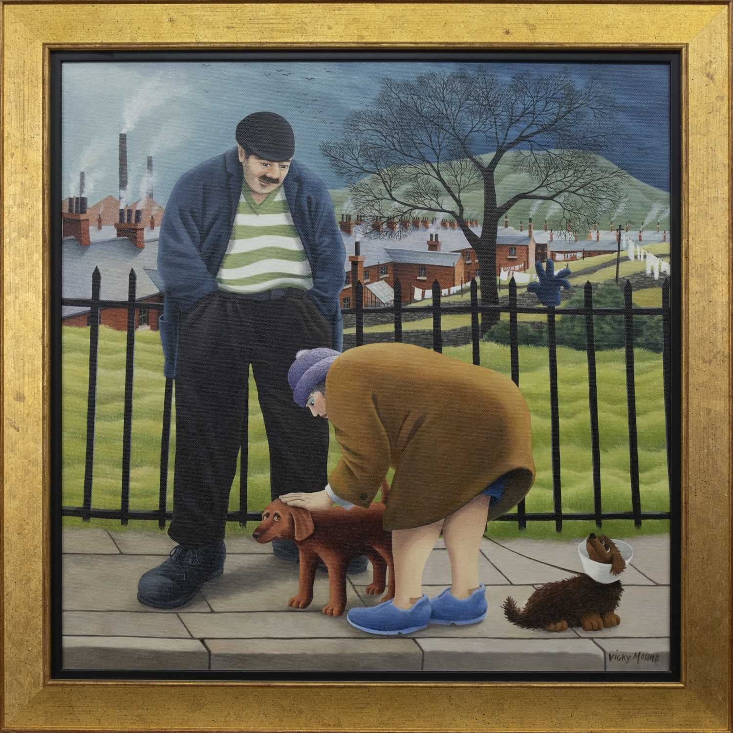 Lot 587 - DOG LOVERS, AN OIL BY VICKY MOUNT