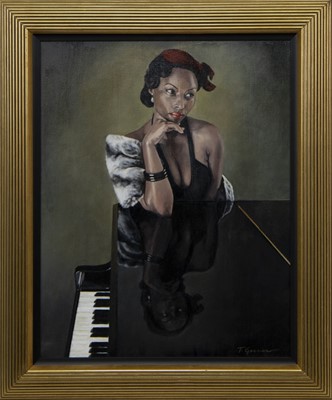 Lot 584 - REFLECTIONS ON A PIANO, AN OIL BY TODD GARNER