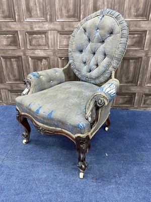 Lot 463 - A VICTORIAN MAHOGANY FRAMED BUTTON BACK ARMCHAIR
