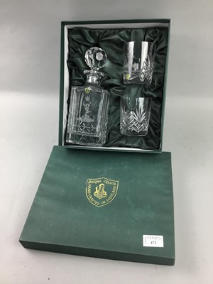 Lot 472 - A BURNS CRYSTAL DECANTER AND TWO TUMBLERS