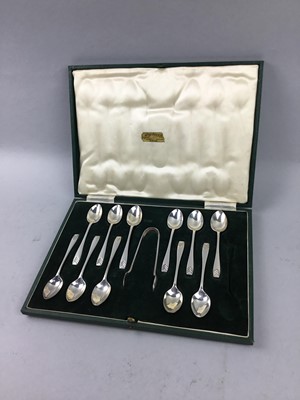Lot 473 - A SET OF SILVER SPOONS AND SUGAR TONGS