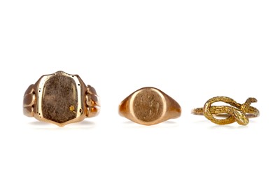 Lot 321 - TWO SIGNET RINGS AND A SERPENT RING