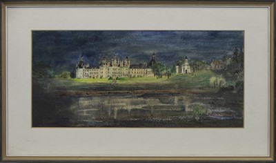 Lot 564 - CHATEAU CHAMBORD FLOODLIT, A MIXED MEDIA ON PAPER BY EUPHEN ALEXANDER