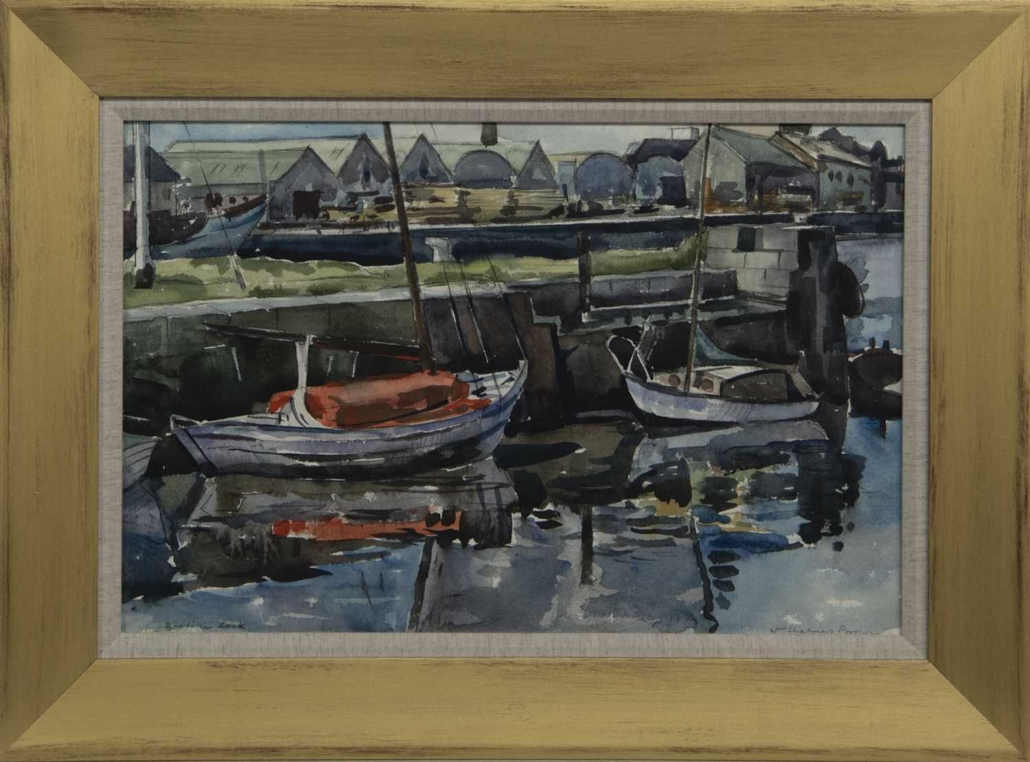 Lot 356 - BOATS IN LOCK, A WATERCOLOUR BY WILLIAM MARSHALL BROWN