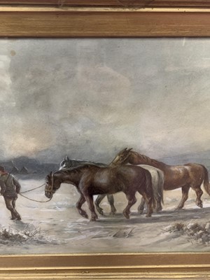 Lot 9 - HORSES IN A SNOW COVERED FIELD, A WATERCOLOUR BY CHRISTOPHER MEADOWS