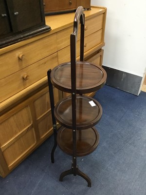 Lot 531 - A MAHOGANY THREE TIER CAKE STAND, WINE TABLE AND A PIANO STOOL