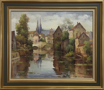 Lot 39 - CHARTRES WITH CATHEDRAL, AN OIL BY LUCIEN CHENU