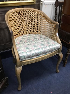 Lot 535 - A BEECH TUB CHAIR, A CANE SINGLE CHAIR AND AN OCCASIONAL TABLE