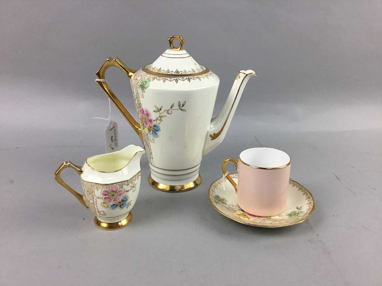 Lot 567 - A TUSCAN FLORAL DECORATED COFFEE SERVICE AND A TUSCAN COFFEE SERVICE