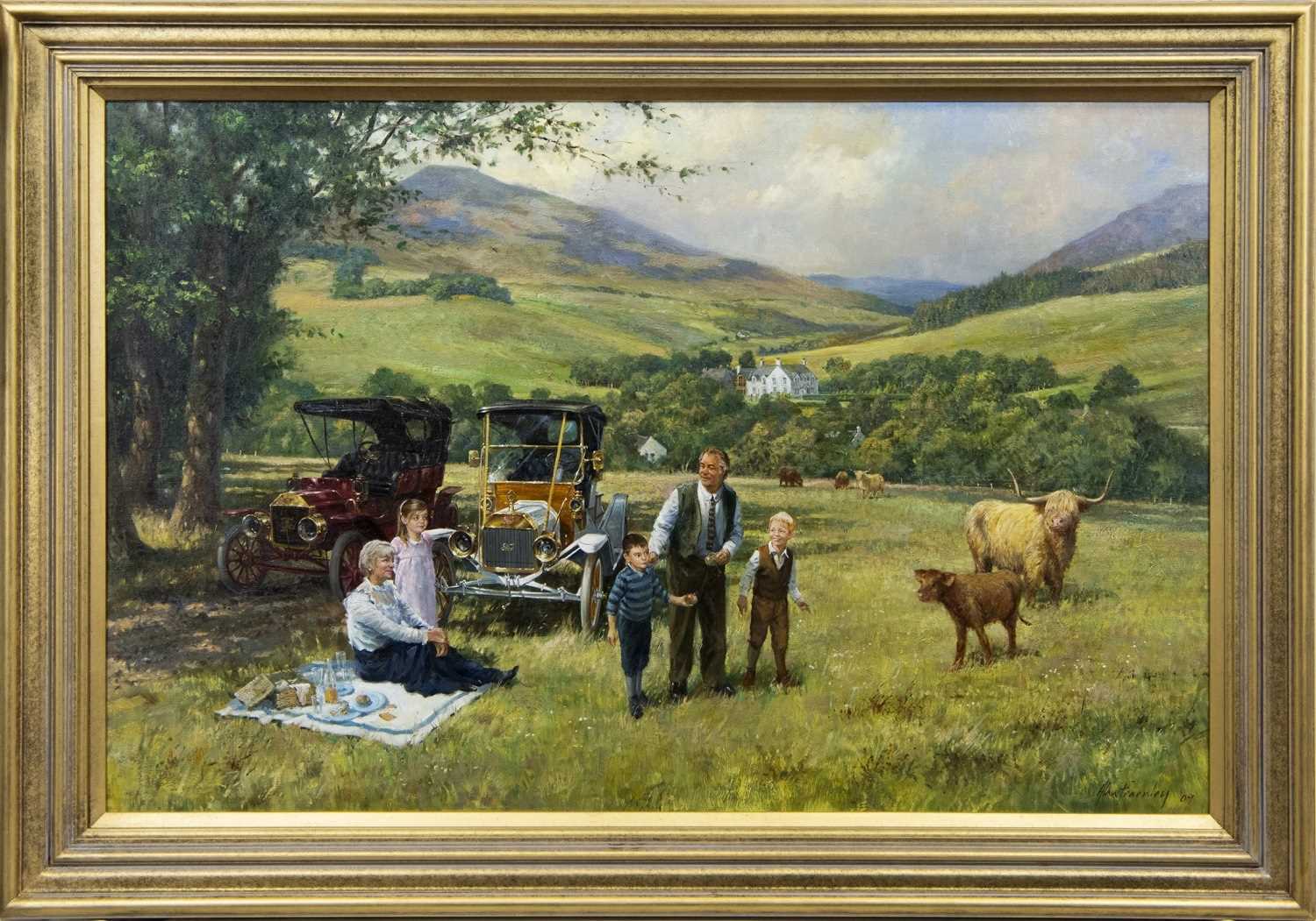 Lot 610 - THE HOME OF MR. & MRS. ROBIN BROCK, WITH GRANDCHILDREN AND MODEL T'S, AN OIL BY ALAN FEARNLEY
