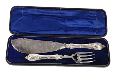 Lot 481 - A VICTORIAN SET OF SILVER PLATED FISH SERVERS, ALONG WITH ANOTHER SET
