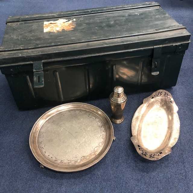 Lot 60 - A LOT OF SILVER PLATED TABLEWARE AND A METAL TRAVEL TRUNK