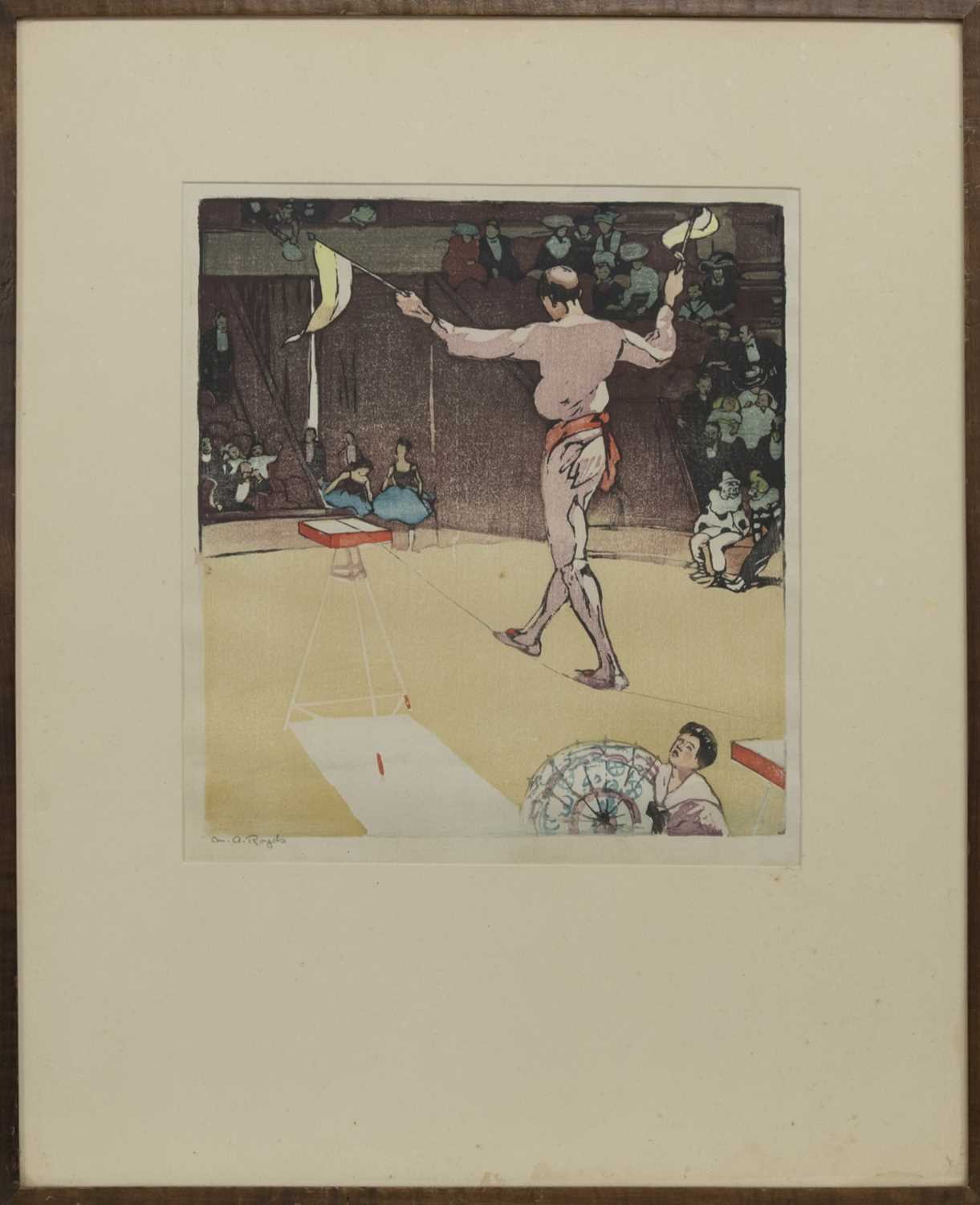 Lot 31 - THE TIGHTROPE, A WOODBLOCK PRINT BY MABEL ALINGTON ROYDS