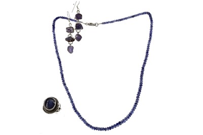 Lot 443 - A SAPPHIRE NECKLACE AND RING ALONG WITH A PAIR OF IOLITE EARRINGS
