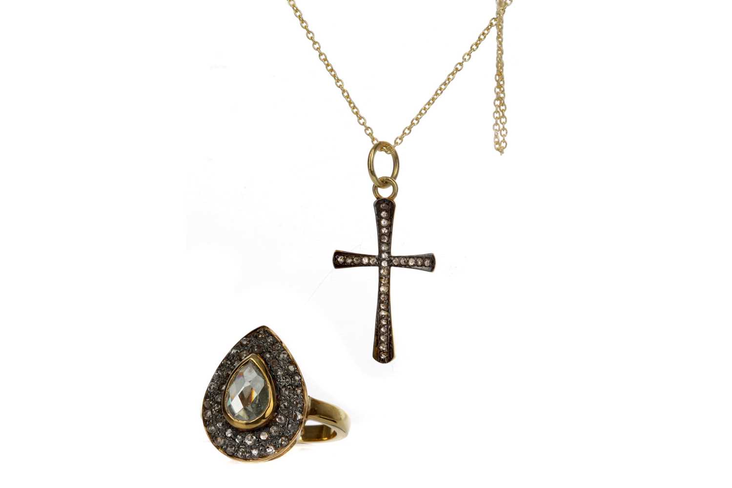 Lot 447 - A MOISSANITE RING AND DIAMOND CROSS PENDANT