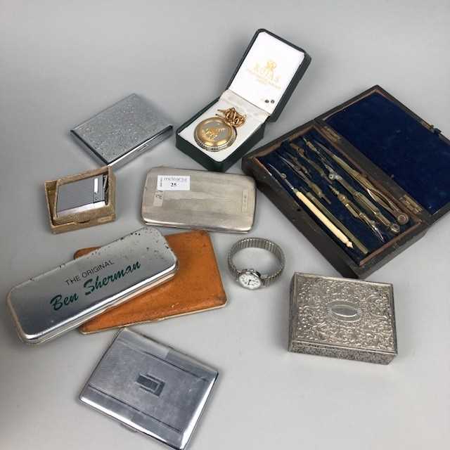 Lot 25 - A PLATED CIGARETTE CASE, POCKET WATCH, INSTRUMENTS AND OTHER ITEMS