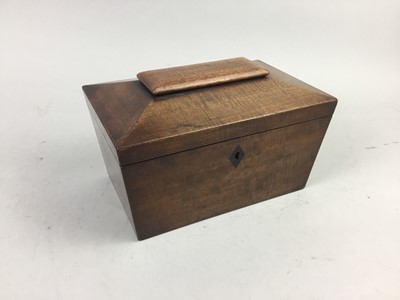 Lot 203 - A MAHOGANY SARCOPHAGUS SHAPED TEA CADDY AND A LAP DESK