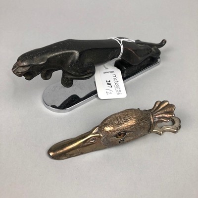 Lot 207 - A VINTAGE PLATED METAL JAGUAR CAR MASCOT AND A DUCKBILL PAPERCLIP