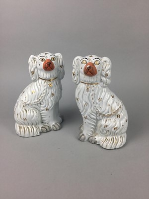 Lot 227 - A PAIR OF VICTORIAN STONEWARE WALLY DOGS, ANOTHER WALLY DOG AND A STAFFORDSHIRE GROUP