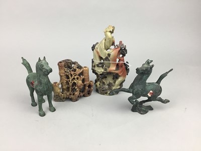 Lot 232 - A CHINESE SOAPSTONE BRUSH STAND, ANOTHER SOAPSTONE CARVING AND TWO HORSES