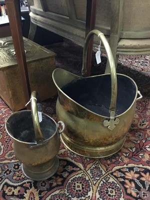 Lot 245 - A COPPER COAL SCUTTLE WITH HINGED HANDLE AND OTHER ITEMS