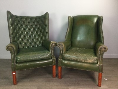 Lot 150 - A GREEN LEATHER WING BACK ARMCHAIR AND ANOTHER